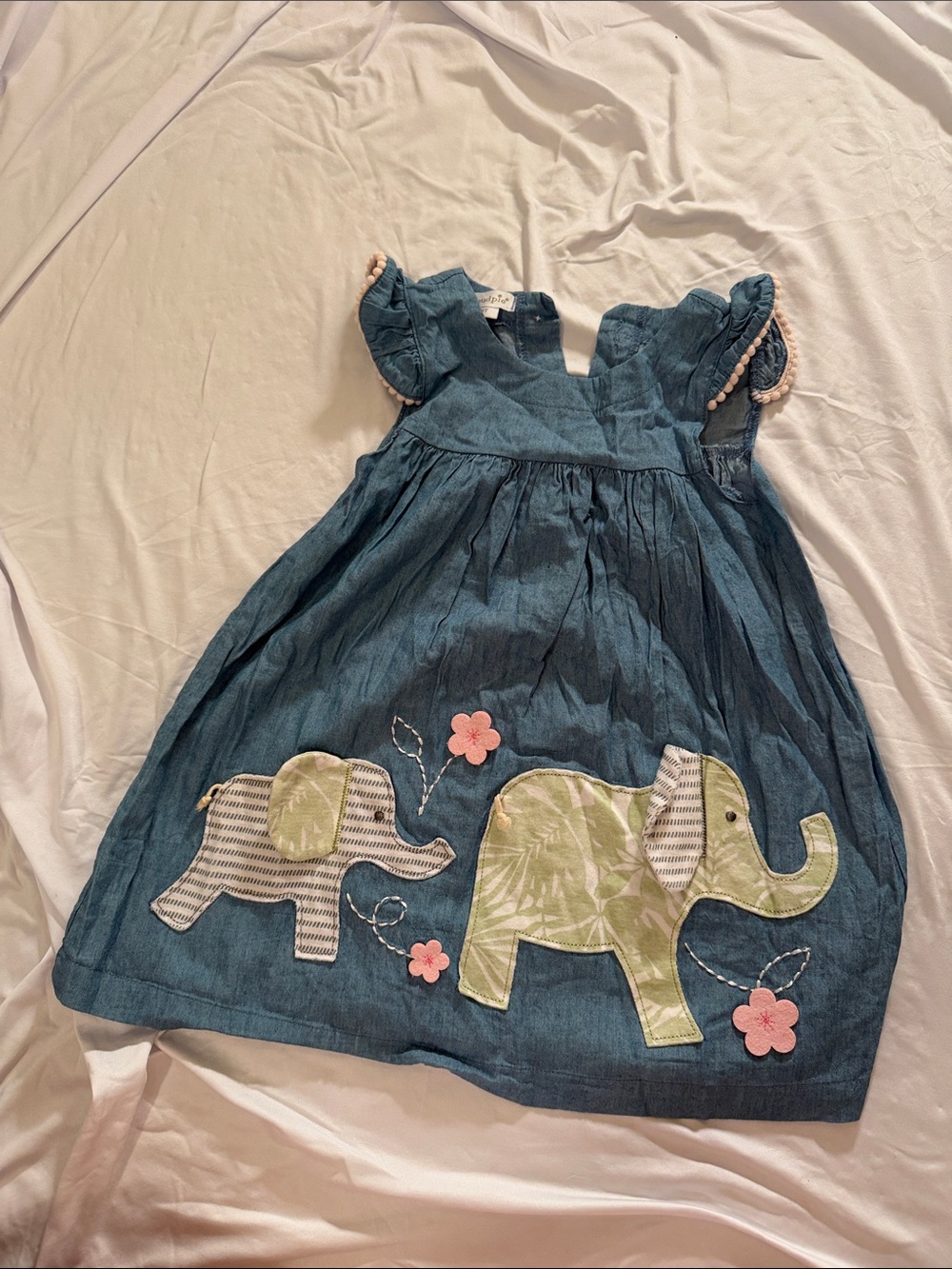 Mud Pie Blue Denim-Look Dress with Green Elephant Appliqués